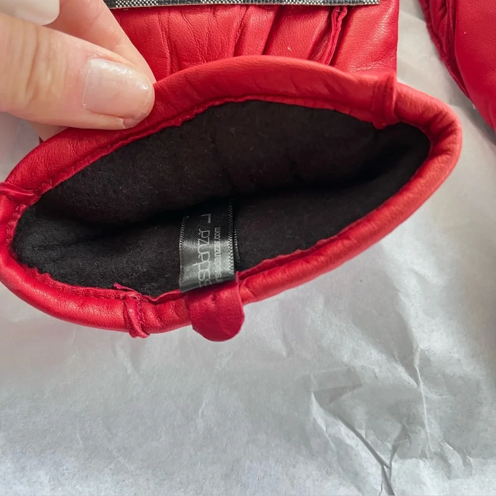 Red Leather Mittens With Check Detail